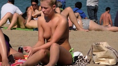 Beauty blonde lass Topless Beach Voyeur Public Nude boobs