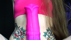 Brunette and her toys have close up masturbation sex