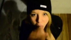 Blonde teen sucks and swallows