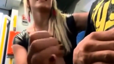 confident girlfriend gives nervous boyfriend blowjob on bus