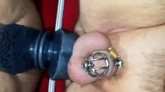 Prostate milking with HUGE dildo in Chastity till orgasm