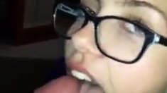 Girl with glasses gives blowjob but wasn't ready for cim